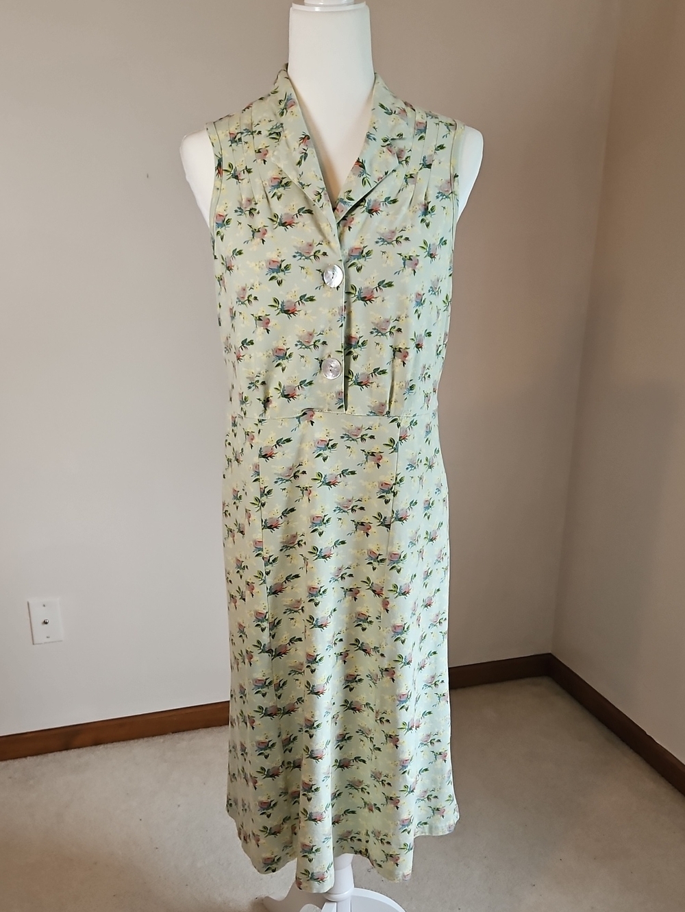 April Cornell Vintage Sleeveless Shirt Dress Midi Tie Back Pleating Green S